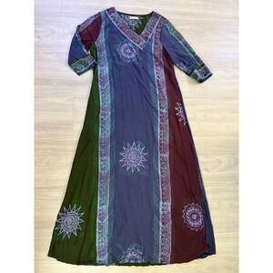 Novica Womens Purple Green Sun Print Boho VNeck Maxi Dress Long Sleeve Small